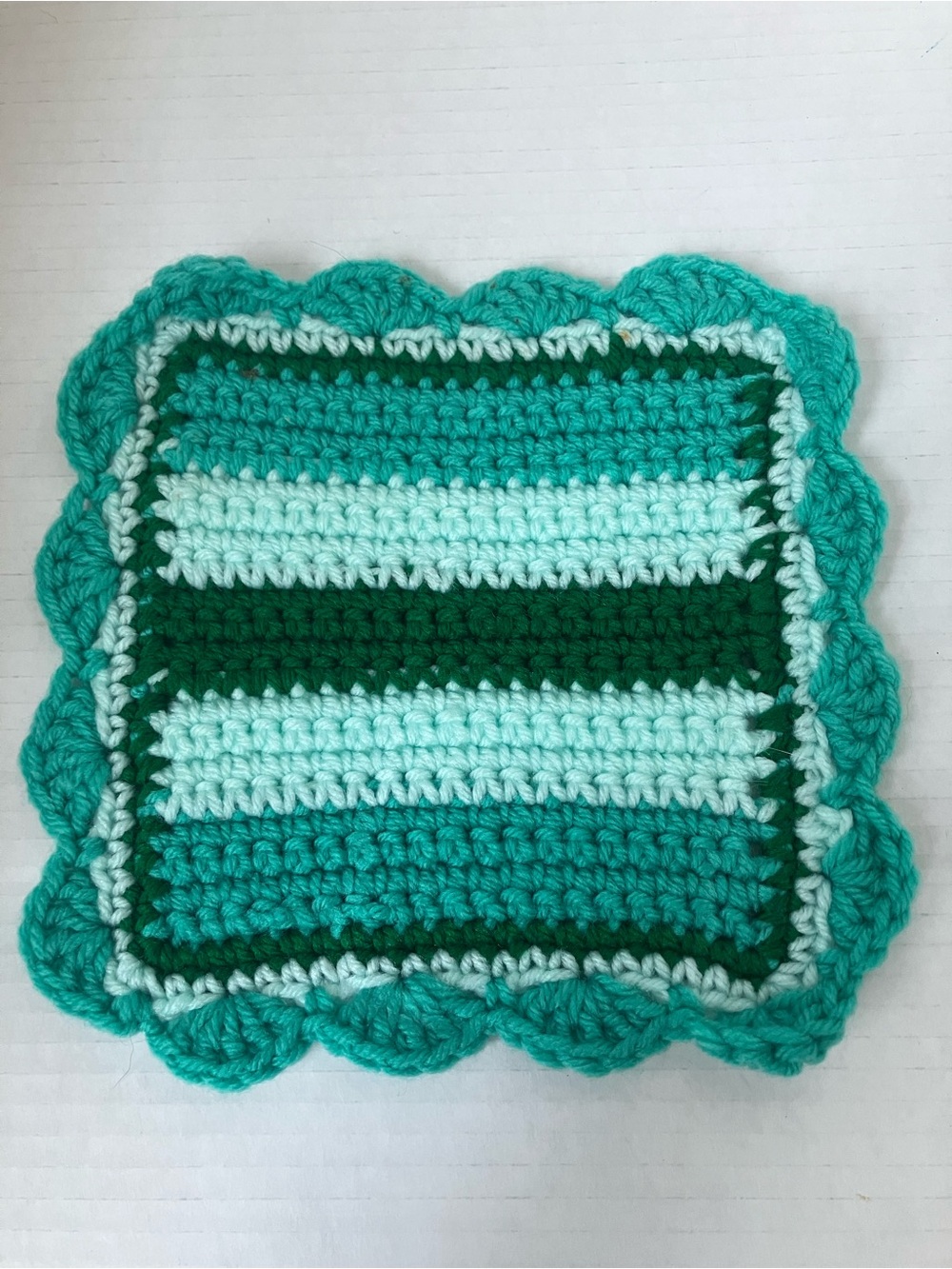 Hand-Crocheted Green Striped Kitchen Dining Cloths or Mats - Set of 7 Aprox 7” - Picture 2 of 10